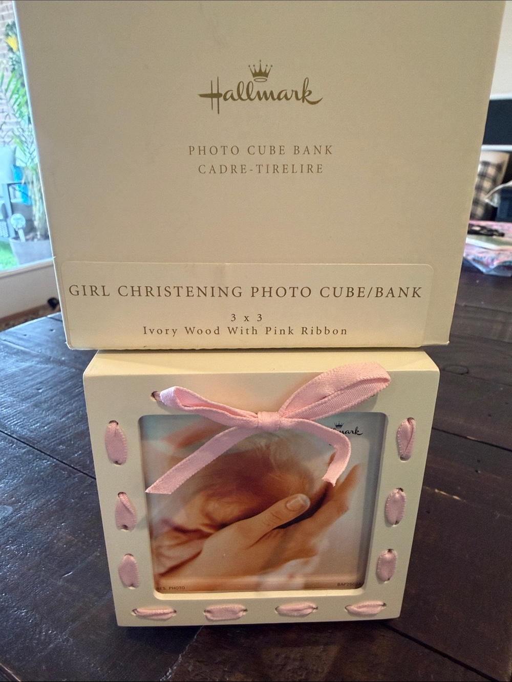 Hallmark Ivory Photo Cube Bank with Pink Ribbon